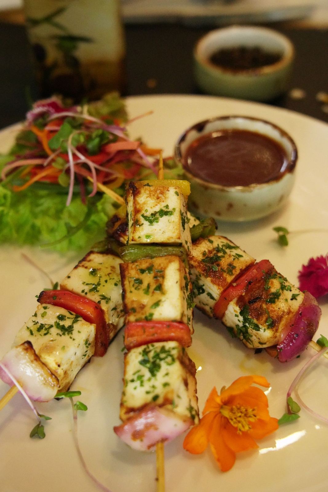 Grilled paneer tikka skewer on a plate with salad